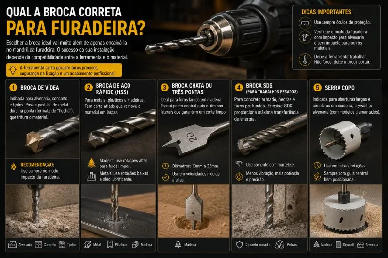 Conjunto de brocas variadas: vídea, aço rápido, chata e SDS